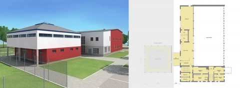 Blick aus Richtung Tennisanlage und Grundriss Obergeschoss Blick aus Richtung Tennisanlage + Obergeschoss, Bild: Ivo Mestenhauser