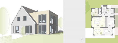 Perspektive und Erdgeschossgrundriss, Bild: Ivo Mestenhauser