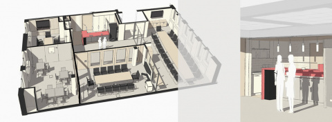 Perspektive Geschoss und Visualisierung der neugestalteten Teeküche, Bild: Ivo Mestenhauser