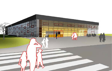 Multihalle LW - Blick auf den Haupteingang, Bild: Alexander Reinshaus