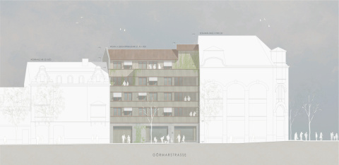 Entwurf für ein Wohn- und Geschäftshaus - Ansicht von der Görmarstraße, Bild: Jan Fitzner